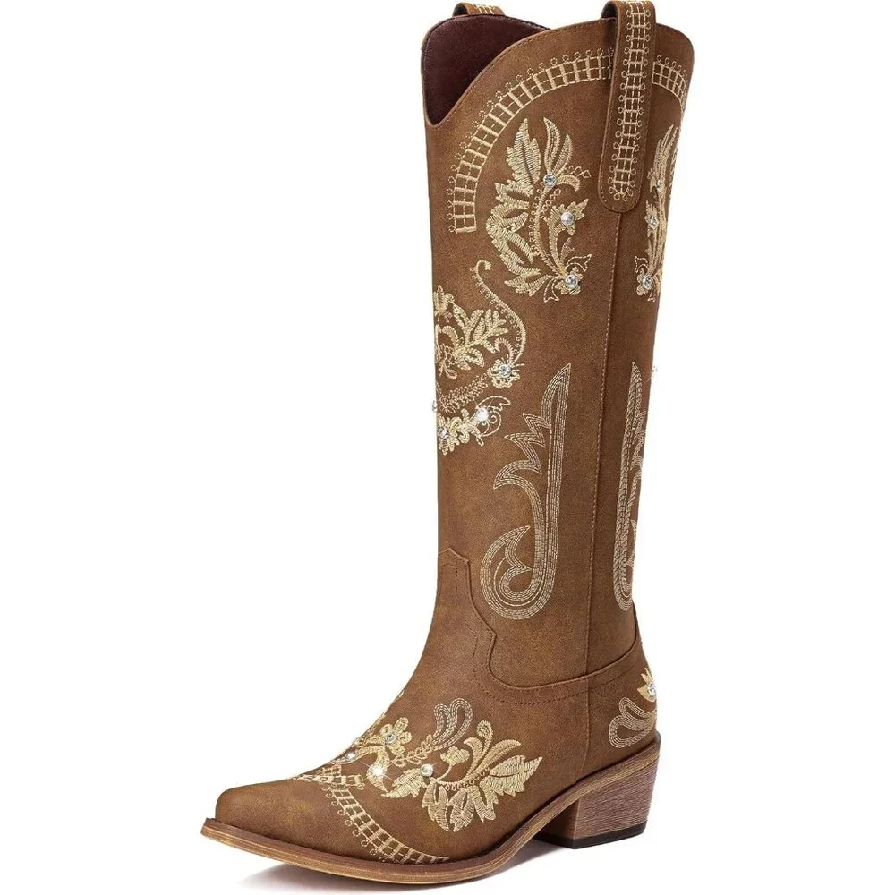 🆕Womens Brown Faux Leather Knee High Cowboy Chunky Heel Tall Western Boots - Picture 3 of 9